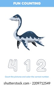 Education game for children count the pictures and color the correct number from cute cartoon plesiosaurus printable prehistoric dinosaur worksheet
