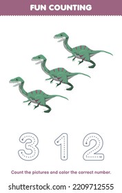 Education game for children count the pictures and color the correct number from cute cartoon velociraptor printable prehistoric dinosaur worksheet