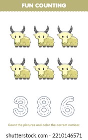 Education game for children count the pictures and color the correct number from cute cartoon white goat printable animal worksheet