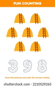 Education game for children count the pictures and color the correct number from cute cartoon haystack printable farm worksheet