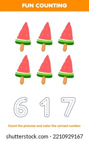 Education game for children count the pictures and color the correct number from cute cartoon popsicle printable food worksheet