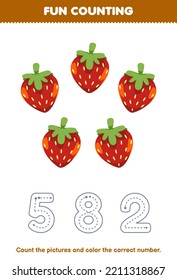 Education game for children count the pictures and color the correct number from cute cartoon strawberry printable fruit worksheet
