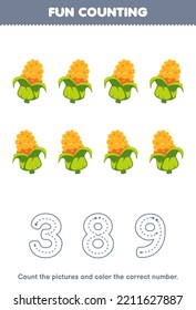 Education game for children count the pictures and color the correct number from cute cartoon corn printable vegetable worksheet