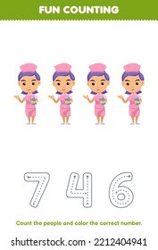 Education game for children count the pictures and color the correct number from cute cartoon nurse printable profession worksheet