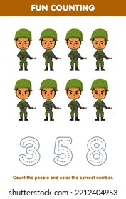Education game for children count the pictures and color the correct number from cute cartoon army printable profession worksheet