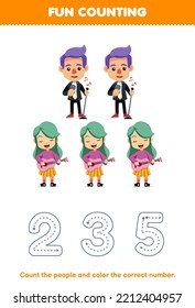 Education game for children count the pictures and color the correct number from cute cartoon singer and guitarist printable profession worksheet