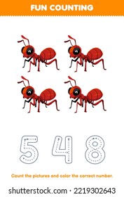 Education game for children count the pictures and color the correct number from cute cartoon ant printable bug worksheet