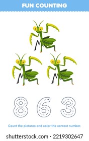 Education game for children count the pictures and color the correct number from cute cartoon mantis printable bug worksheet