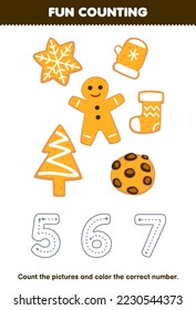 Education game for children count the pictures and color the correct number from cute cartoon cookie printable winter worksheet