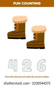 Education game for children count the pictures and color the correct number from cute cartoon boot printable winter worksheet