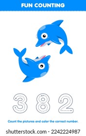 Education game for children count the pictures and color the correct number from cute cartoon dolphin printable underwater worksheet