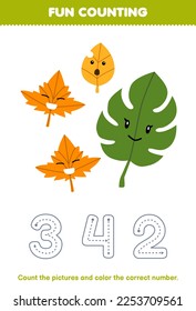 Education game for children count the pictures and color the correct number from cute cartoon leaf printable nature worksheet
