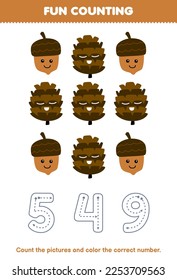 Education game for children count the pictures and color the correct number from cute cartoon acorn and pinecone printable nature worksheet