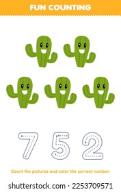 Education game for children count the pictures and color the correct number from cute cartoon cactus printable nature worksheet