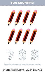 Education game for children count the pictures and color the correct number from cute cartoon pencil printable tool worksheet