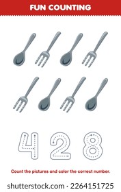 Education game for children count the pictures and color the correct number from cute cartoon fork and spoon printable tool worksheet