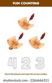 Education game for children count the pictures and color the correct number from cute cartoon treasure map printable pirate worksheet