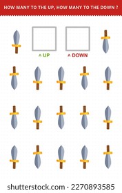 Education game for children of counting up and down picture of cute cartoon sword printable pirate worksheet