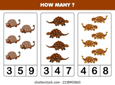 Education game for children counting how many cute cartoon prehistoric brown hard skin dinosaur