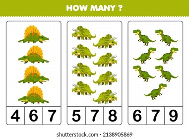 Education game for children counting how many cute cartoon prehistoric green dinosaur