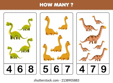 Education game for children counting how many cute cartoon prehistoric long neck dinosaur