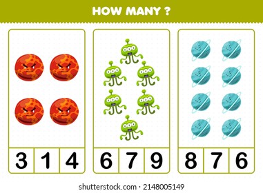Education game for children counting how many cute cartoon solar system mars alien uranus planet