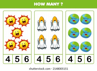 Education game for children counting how many cute cartoon solar system sun spaceship earth planet