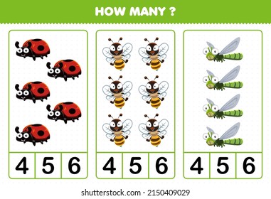 Education game for children counting how many cute cartoon insect animal ladybug bee dragonfly