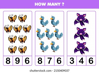 Education game for children counting how many cute cartoon fly animal butterfly dove bat