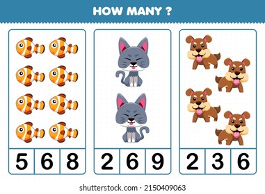 Education game for children counting how many cute cartoon pet animal fish cat dog