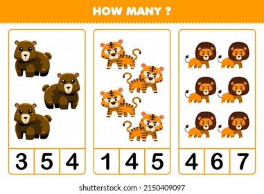 Education game for children counting how many cute cartoon wild animal bear tiger lion
