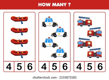 Education Game For Children Counting How Many Cartoon Rescue Transportation Inflatable Boat Police Car Firetruck