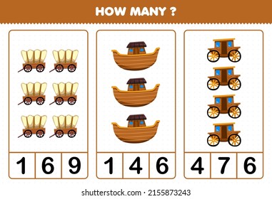 Education game for children counting how many cartoon wooden transportation wagon ark carriage