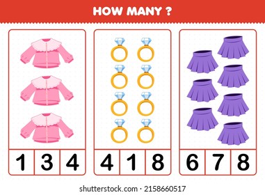 Education game for children counting how many cartoon wearable clothes blouse ring skirt