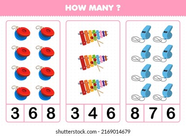 Education Game For Children Counting How Many Cartoon Music Instrument Castanet Xylophone Whistle Printable Worksheet