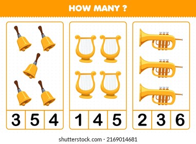 Education game for children counting how many cartoon music instrument bell lyre trumpet printable worksheet