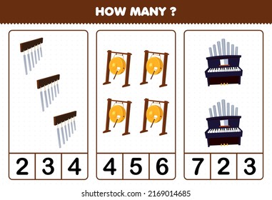 Education game for children counting how many cartoon music instrument chimes gong organ printable worksheet