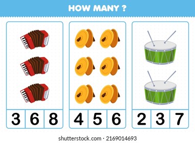 Education game for children counting how many cartoon music instrument accordion cymbals drum printable worksheet
