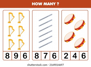 Education game for children counting how many cartoon music instrument harp flute tambourine printable worksheet