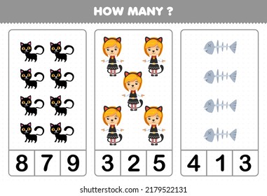 Education game for children counting how many cute cartoon cat girl costume and fish bone halloween printable worksheet