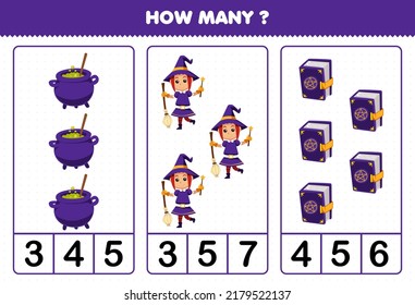 Education game for children counting how many cute cartoon cauldron witch and magic book halloween printable worksheet