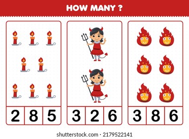 Education game for children counting how many cute cartoon candle devil girl costume and fire halloween printable worksheet