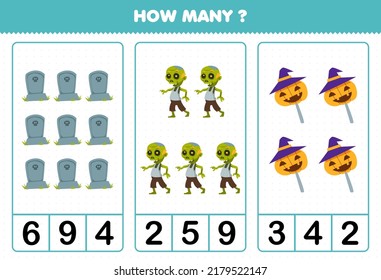 Education game for children counting how many cute cartoon tombstone zombie and candy halloween printable worksheet