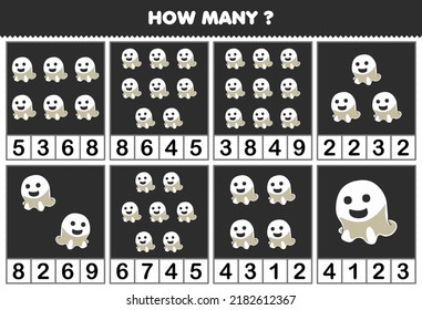 Education game for children counting how many objects in each table of cute cartoon white ghost halloween printable worksheet