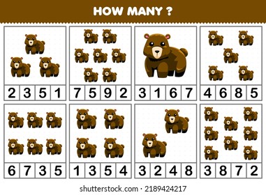 Education game for children counting how many objects in each table of cute cartoon bear animal printable worksheet
