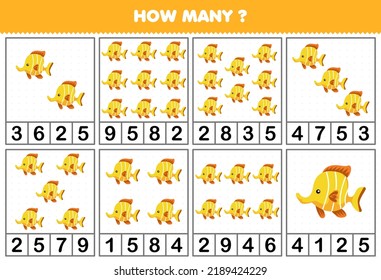 Education game for children counting how many objects in each table of cute cartoon fish animal printable worksheet