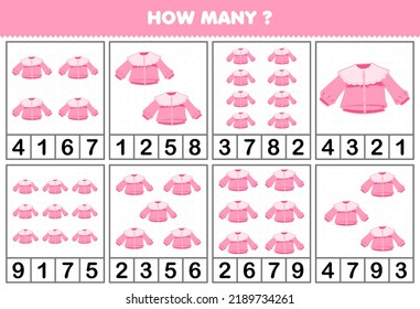 Education game for children counting how many objects in each table of cartoon wearable clothes pink blouse printable worksheet