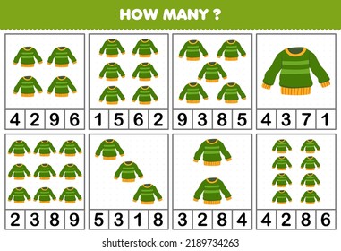 Education game for children counting how many objects in each table of cartoon wearable clothes green sweater printable worksheet