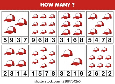 Education game for children counting how many objects in each table of cartoon wearable clothes accessories red cap printable worksheet