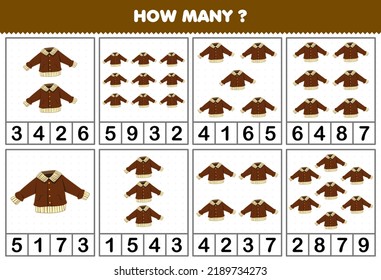Education game for children counting how many objects in each table of cartoon wearable clothes brown jacket printable worksheet